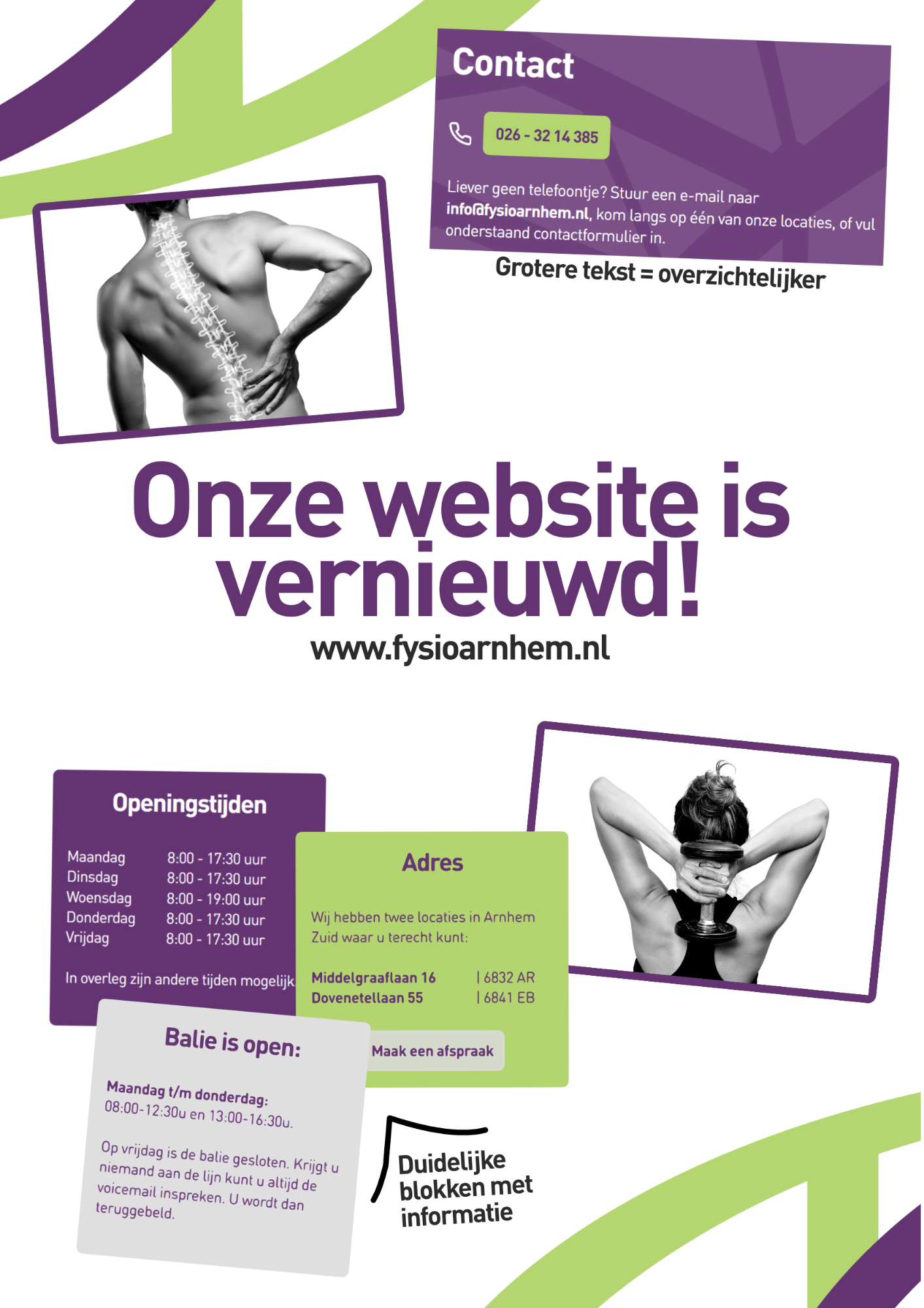 www.fysioarnhem.nl. Grotere tekst = overzichtelijker. Duidelijke blokken met informatie.