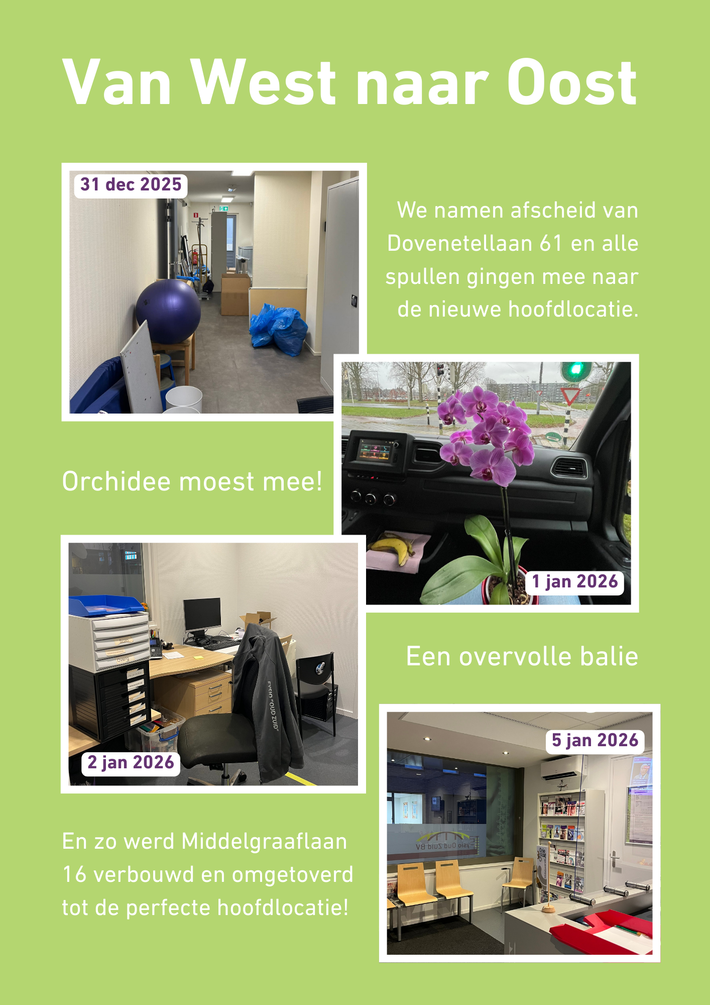 We namen afscheid van Dovenetellaan 61 en alle spullen gingen mee naar de nieuwe hoofdlocatie. Orchidee moest mee! Een overvolle balie. En zo werd Middelgraaflaan 16 verbouwd en omgetoverd tot de perfecte hoofdlocatie!