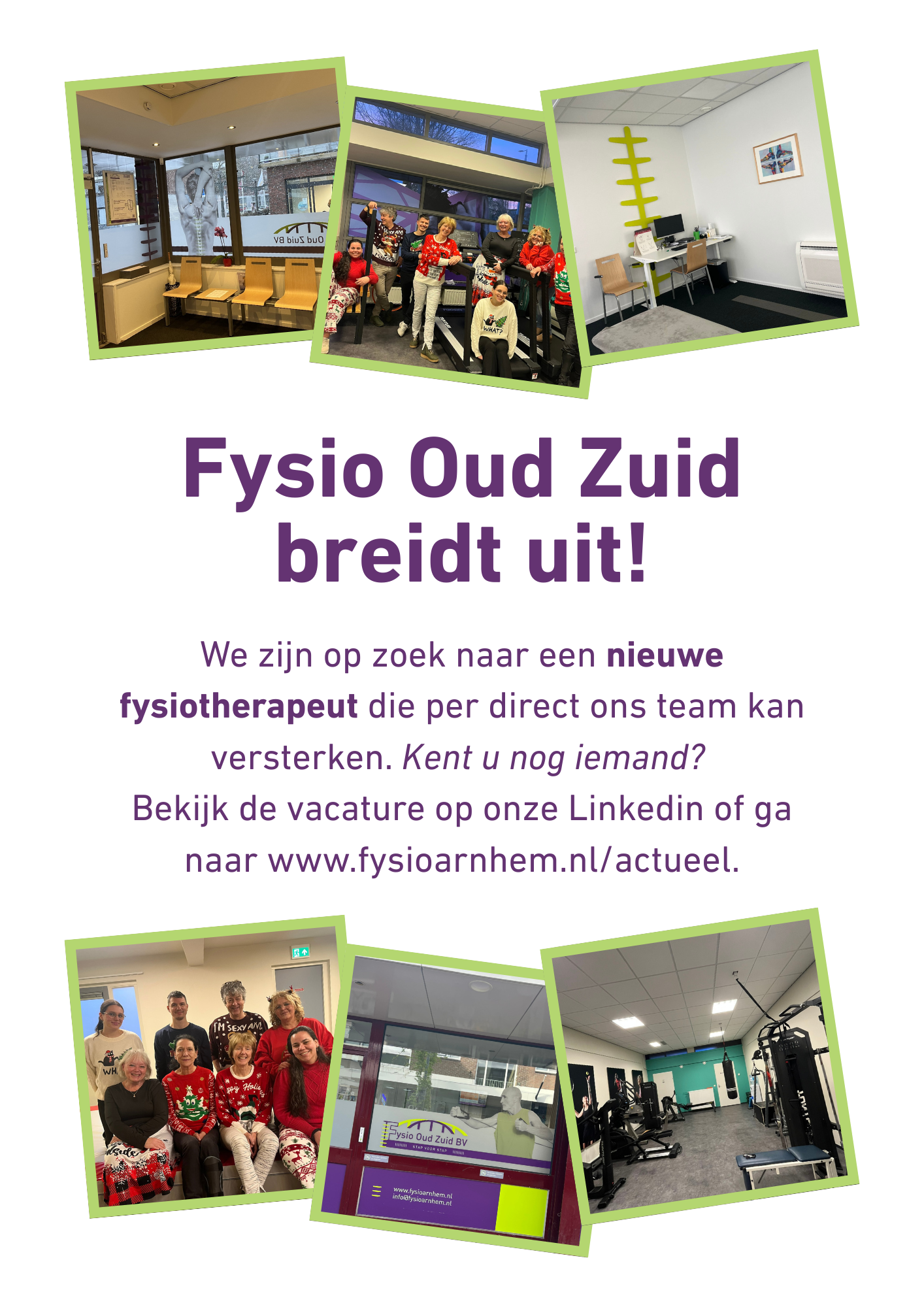 We zijn op zoek naar een nieuwe fysiotherapeut die per direct ons team kan versterken. Kent u nog iemand?  Bekijk de vacature op onze Linkedin of ga naar www.fysioarnhem.nl/actueel.