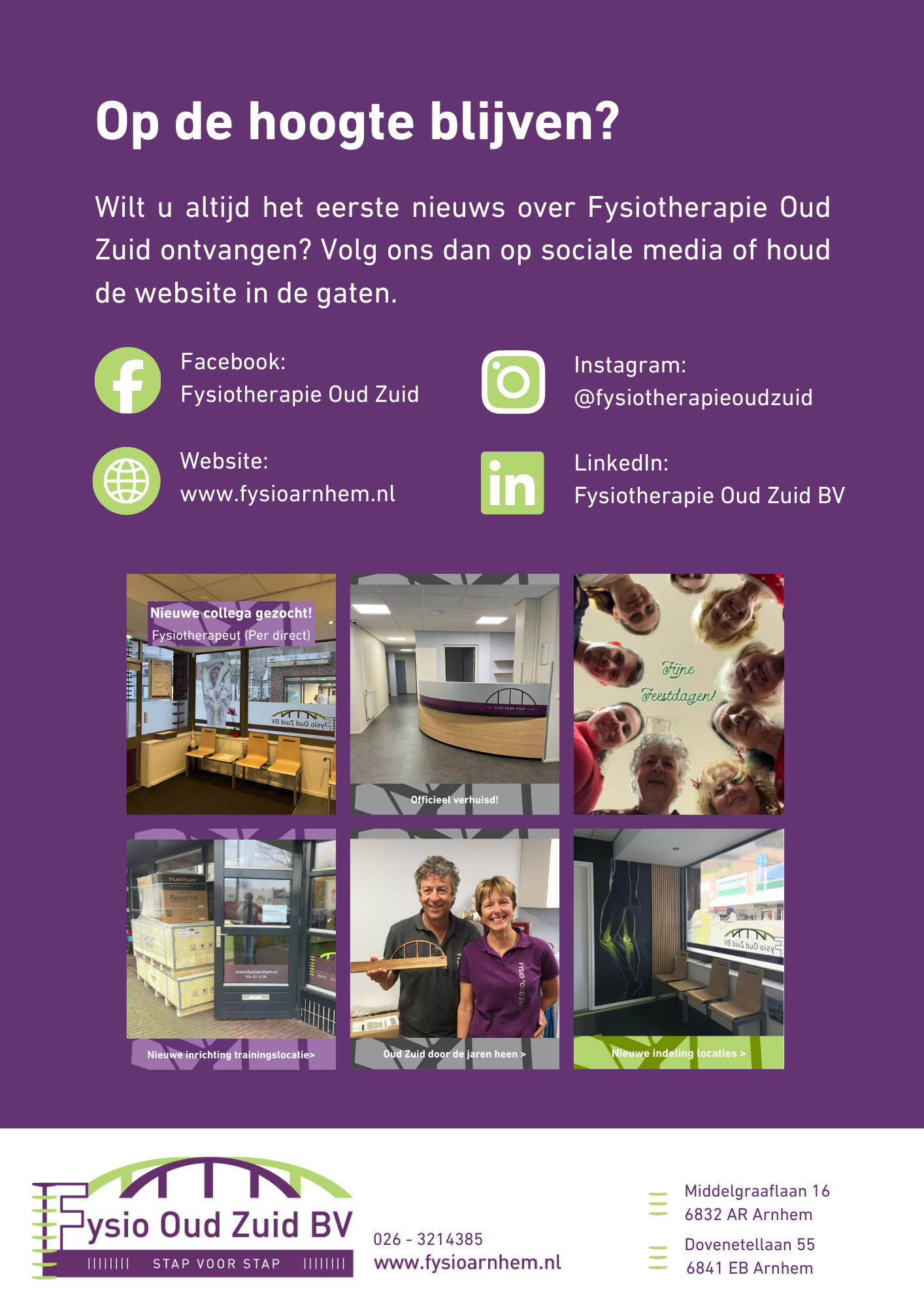 Wilt u altijd het eerste nieuws over Fysiotherapie Oud Zuid ontvangen? Volg ons dan op sociale media of houd de website in de gaten.