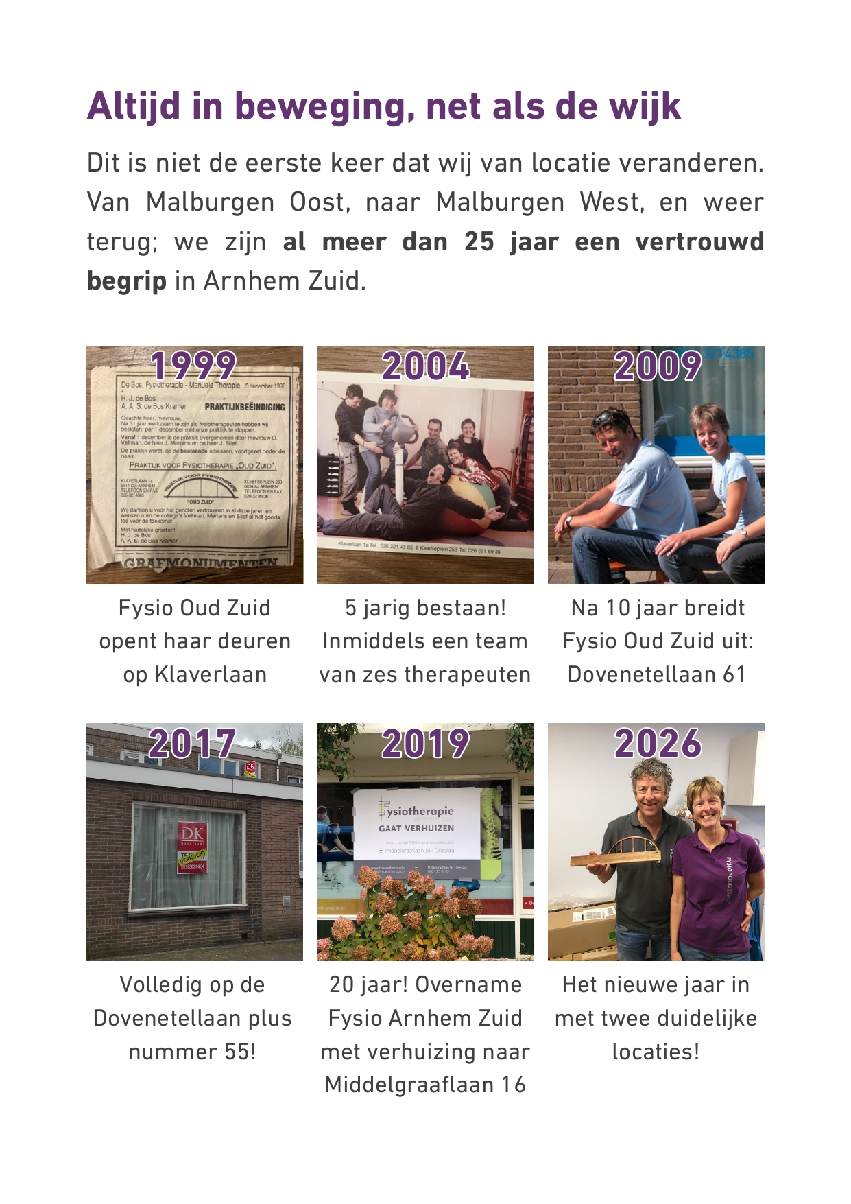 Dit is niet de eerste keer dat wij van locatie veranderen. Van Malburgen Oost, naar Malburgen West, en weer terug; we zijn al meer dan 25 jaar een vertrouwd begrip in Arnhem Zuid.